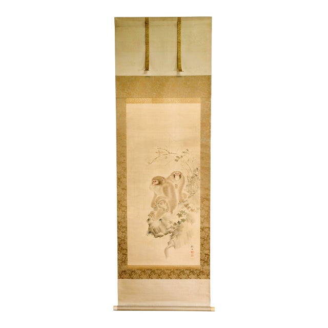 Japanese Silk Scroll Painting of Moneys Edo Period Mori Tetsuzan For Sale