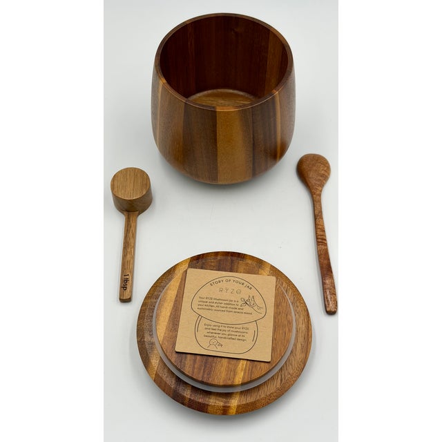 Ryze Mushroom Coffee Acacia Wood Handcrafted Storage Jar Container W/ Spoons 3pc Set For Sale In Palm Springs - Image 6 of 7