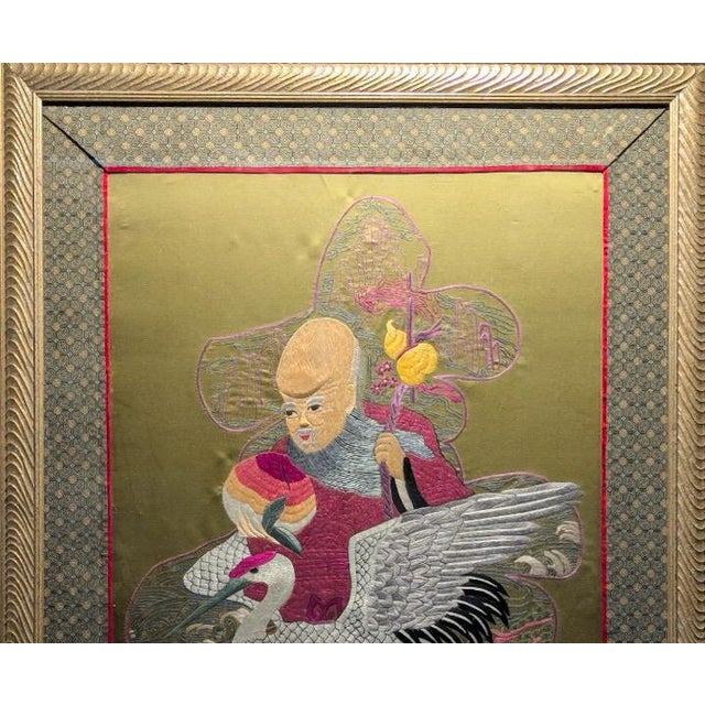 Chinoiserie Large Vintage Chinese Silk Embroidery God of Longevity Shou Lao on Crane For Sale - Image 3 of 9