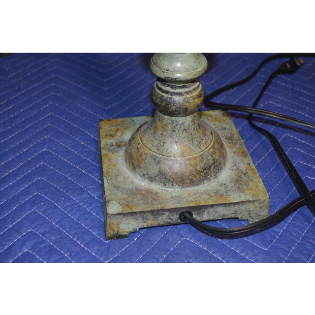 Vintage Interlude Home Pair Rustic Green Metal / Iron Tall Buffet Table Lamps W/ Pleated Shades For Sale - Image 11 of 18