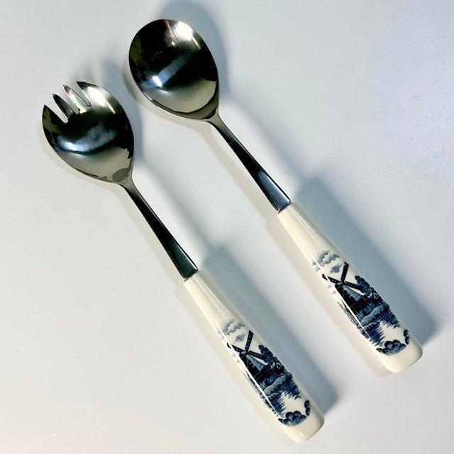 Mid 20th Century Boho Chic Gustavian Delft Style Salad Serving Utensils, Stainless Steel - Set of 2. For Sale - Image 6 of 9