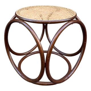 1960s Mid Century Art Deco Thonet Style Woven Rattan Bentwood Stool Ottoman For Sale
