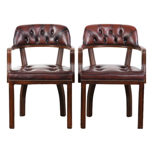 English Style Dark Brown Cowhide Chesterfield Chairs, Set of 2 For Sale