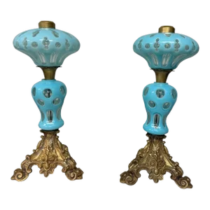Pair of Antique Cutback Cased Glass Table Oil Lamps With Ornate Gilt Metal Bases