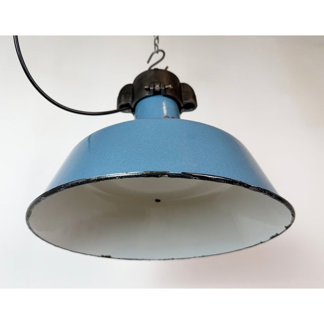 Industrial Blue Enamel Factory Lamp with Cast Iron Top, 1960s For Sale - Image 6 of 18