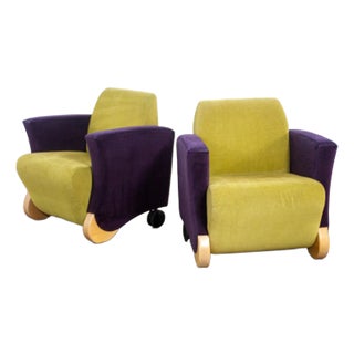 Postmodern Pair of Martin/Brattrud Think Fast Lounge or Club Chairs W/Purple & Green Maharam Mohair Fabric For Sale