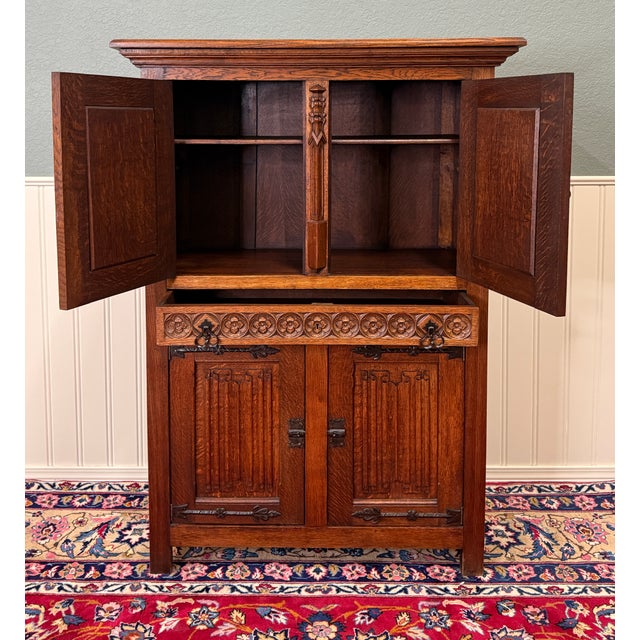 Antique French Gothic Linen Altar Wine Storage Cabinet Bookcase Bar Liquor Oak For Sale - Image 11 of 18