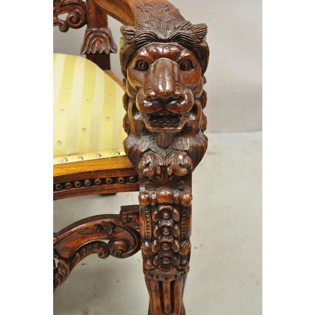 Brown Late 20th Century Renaissance Gothic Style Large Figural Lion Carved Wood Paw Feet Throne Chair For Sale - Image 8 of 12