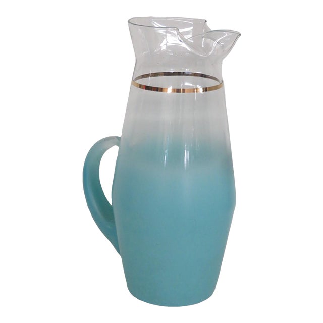 West Virginia Glass Company Turquoise Blendo Pitcher With Gold Accent 4911b For Sale
