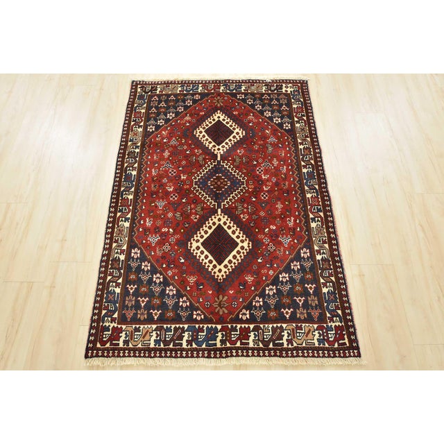Cabin Yalameh Rug 3'5'' X 5'1'' Red Wool Vintage Tribal Hand-Knotted Oriental Carpet For Sale - Image 3 of 13