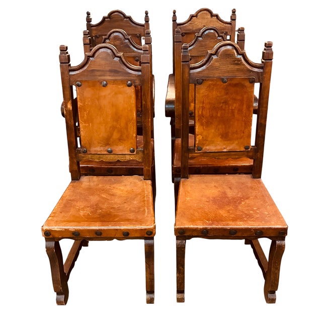 A Beautiful Set of Six Spanish Style Vintage Chairs with Leather Seats and Backs, 4 Side Chairs and 2 Arm Chairs....