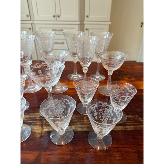 12-Piece Set of Vintage Fostoria Romance Pattern Etched Crystal Glassware With Flowers and Ribbon Designs For Sale - Image 9 of 14