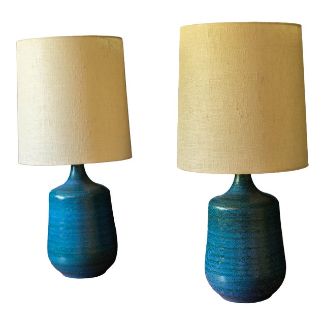 Vintage Pair of Stoneware Blue Studio Ceramic Table Lamps by Sy Allan Designs For Sale