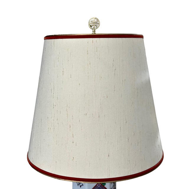 Vintage Chinese Porcelain Hexagonal Lamp With Famille Rose Motifs and Wood Accents For Sale - Image 10 of 11