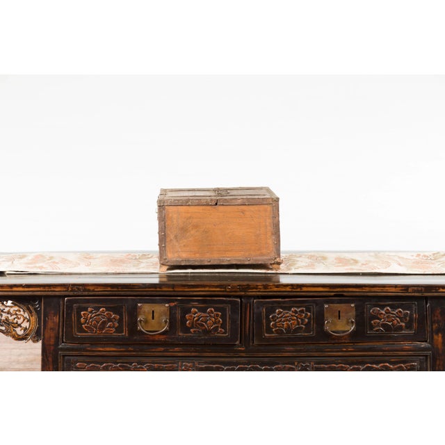 Rustic Indian 19th Century Wooden Box with Iron Details and Incised Motifs For Sale - Image 4 of 13