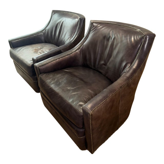 Pair of Henredon Leather Swivel Chairs- Upholstery Collection For Sale