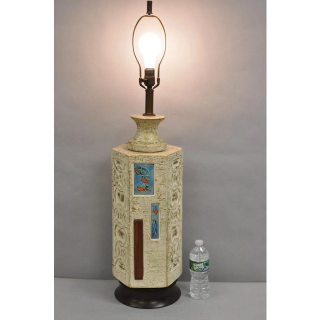 Vintage Italian Mid Century Modern Ceramic Pottery Koi Fish(?) Table Lamp with Walnut Detail. Circa Mid 20th Century....