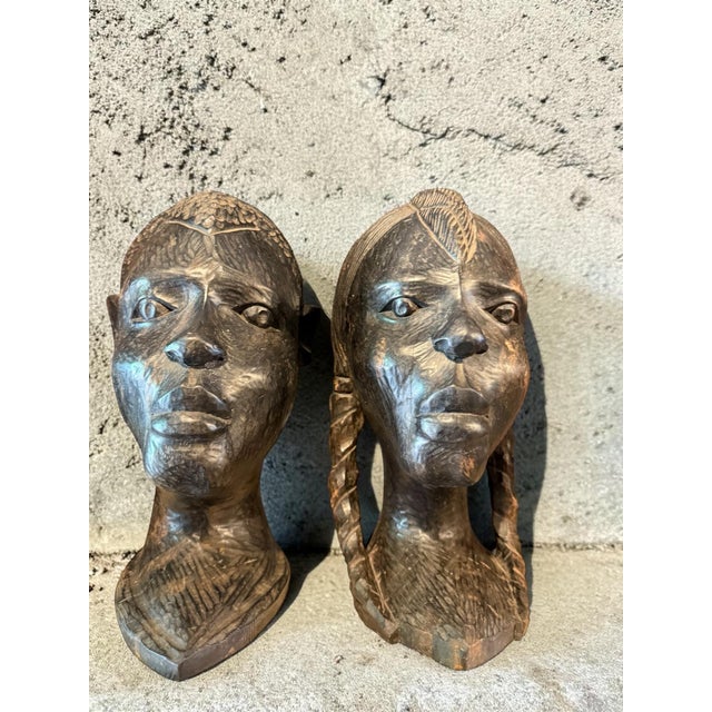 Black Mid-Century Modern African Busts, 1960s, Set of 2 For Sale - Image 8 of 11