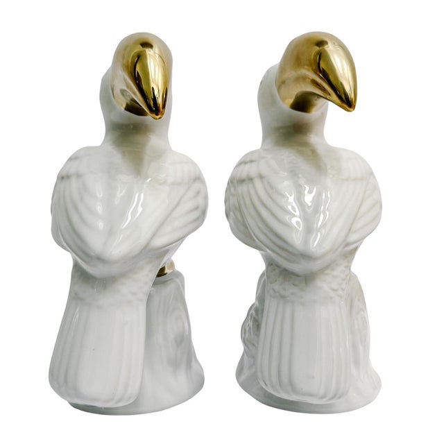Late 20th Century Vintage Hollywood Regency White Porcelain & Gold Gilt Toucan Bookends - A Pair For Sale - Image 5 of 9