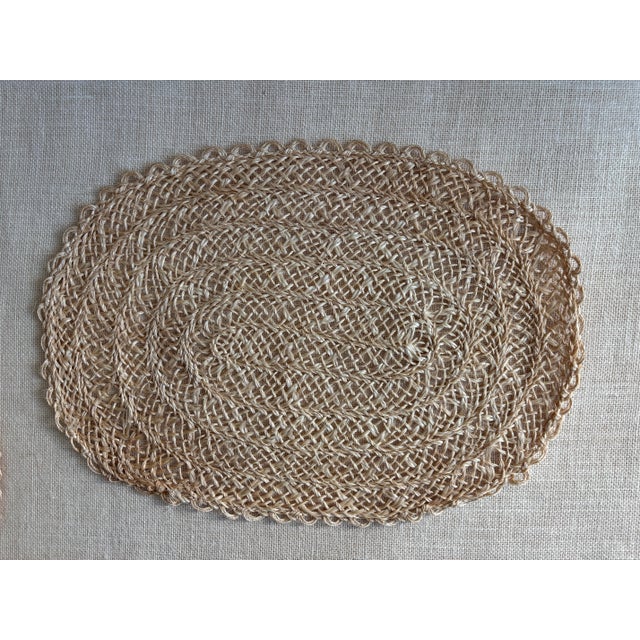 Mid-Century Modern Vintage Mid Century Modern Handwoven Raffia Placemats Oval Scalloped Edge Boho Coastal Set of 16 For Sale - Image 3 of 6