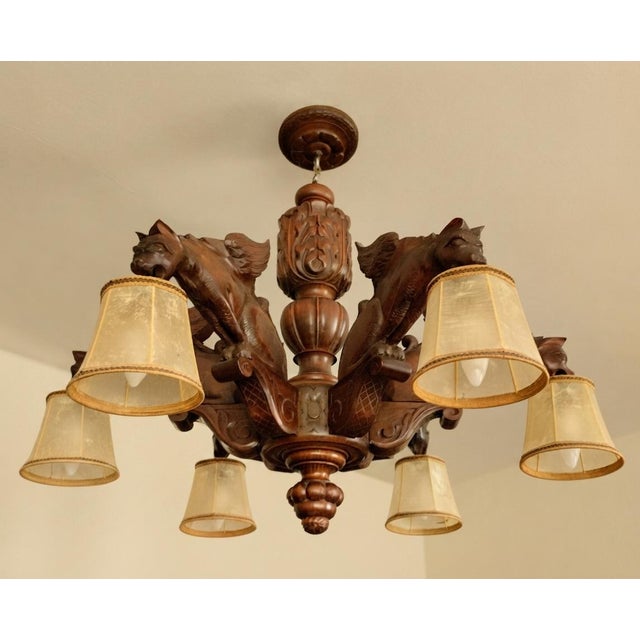 Antique Black Forest Gothic Revival Carved Wood Chandelier with Gargoyles and Mascarons, 1940s For Sale - Image 17 of 17