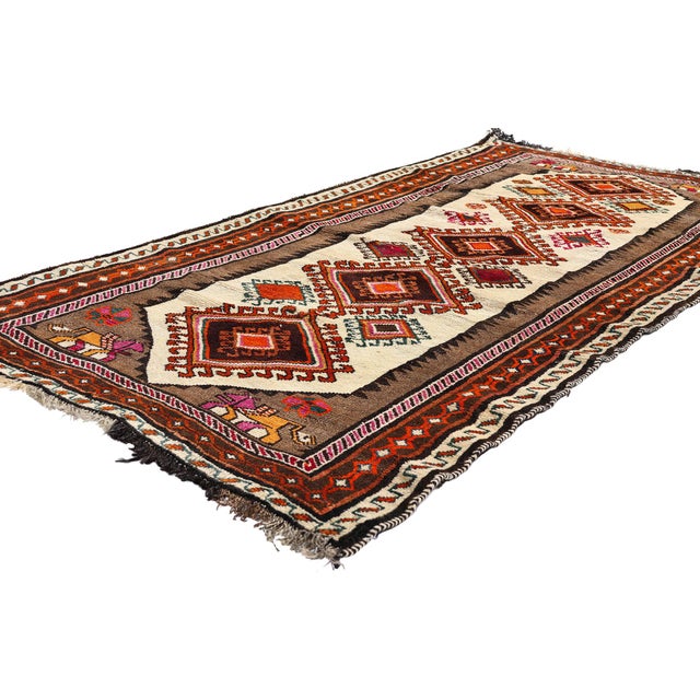 61429 Vintage Persian Shiraz Rug, 03'09 x 06'10. The Dragon Procession: A Vintage Persian Shiraz Masterpiece of Tribal...