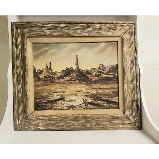 Large Vintage Southwestern Desert Oil Painting | Rustic Wood Frame For Sale - Image 11 of 11