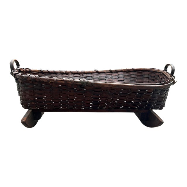 "Inscribed Federal Era C. 1811 Adirondack Woven Splint Baby Cradle Rocker — Hand-Carved 'Heidi 11' Provenance" For Sale