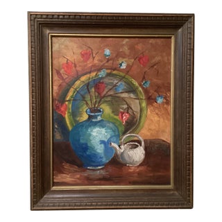 Vintage Original Still Life Oil Painting on Canvas Board Signed Framed Circa 1971 For Sale