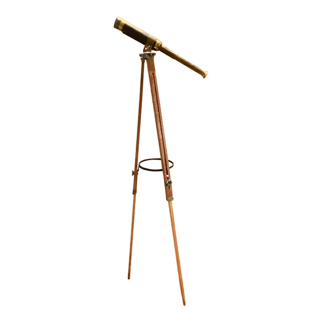 Vintage Brass & Leather Telescope With Adjustable Wooden Tripod Base For Sale