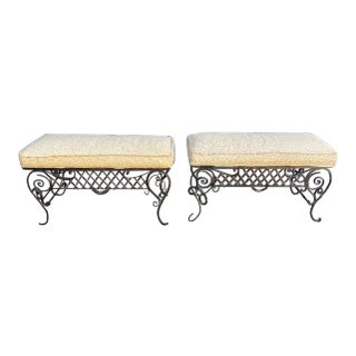 Pair Of 1900's French Iron Benches With Trelice Rosette Motif For Sale