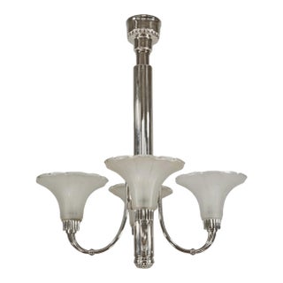 Petitot French Art Deco 4-Arm Chandelier 1930s - Trumpet Frosted Glass & Nickel For Sale