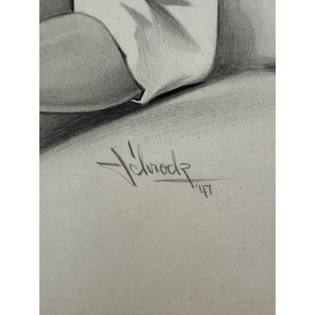 1940s 1940s Original t.e. Schrock Signed Graphite Illustration of Seated Woman in Beachwear, 10¼ × 8¼ In. For Sale - Image 5 of 6