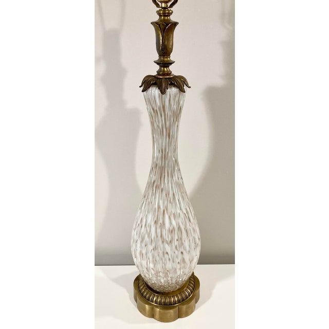 Tall, elegant vintage Murano white and clear glass lamp with avventurina gold metallic sparkles (usually actually copper)...