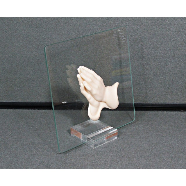 Glass Vintage 3-D Praying Hands Sculpture on Glass Panel With Acrylic Stand For Sale - Image 7 of 8