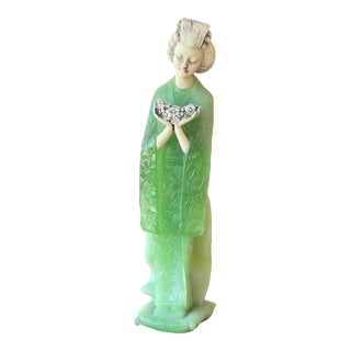 1980s Geisha Figurine Holding Flowers in Faux Jade For Sale