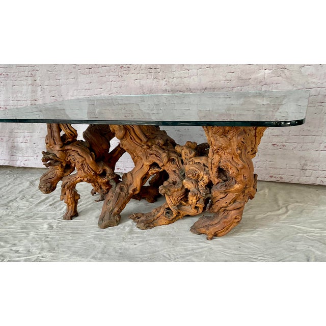 Brown Vintage Sculptural Natural Burlwood Root Dining Table With Rectangular Glass Top For Sale - Image 8 of 18