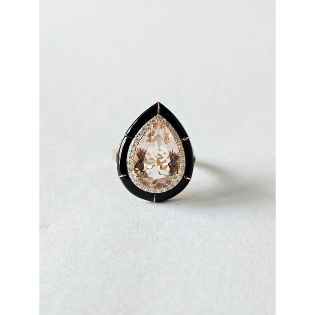 Set in 18k Rose Gold, Morganite, Black Enamel & Diamonds Engagement Ring, Us Size 6 For Sale - Image 6 of 10