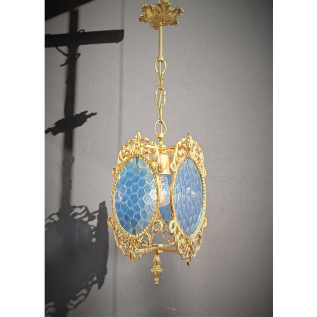 1960s Ceiling Light Vintage French Brass Blue Glass Chandelier For Sale - Image 9 of 14