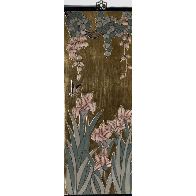 Late 20th Century Vintage Chinese Chinoiserie Gilt Wood Wall Panels Panoramic Wisteria and Iris Floral Scene Set of Four For Sale - Image 5 of 18