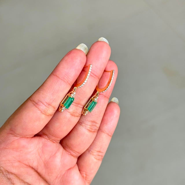 Not Yet Made - Made To Order Art Deco 1.96ct Emerald Diamond Huggie Drop Earrings in 14k Yellow Gold- A Pair For Sale - Image 5 of 16