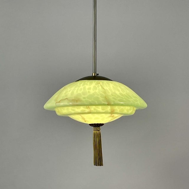 Green Marbled Opaline and Burnished Brass Pendant with Tassel, Germany, 1930s For Sale - Image 6 of 17