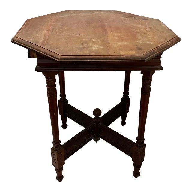1950s Vintage Octagonal Table With Ornate Base Carvings Maybe Mahogany & Drawer For Sale