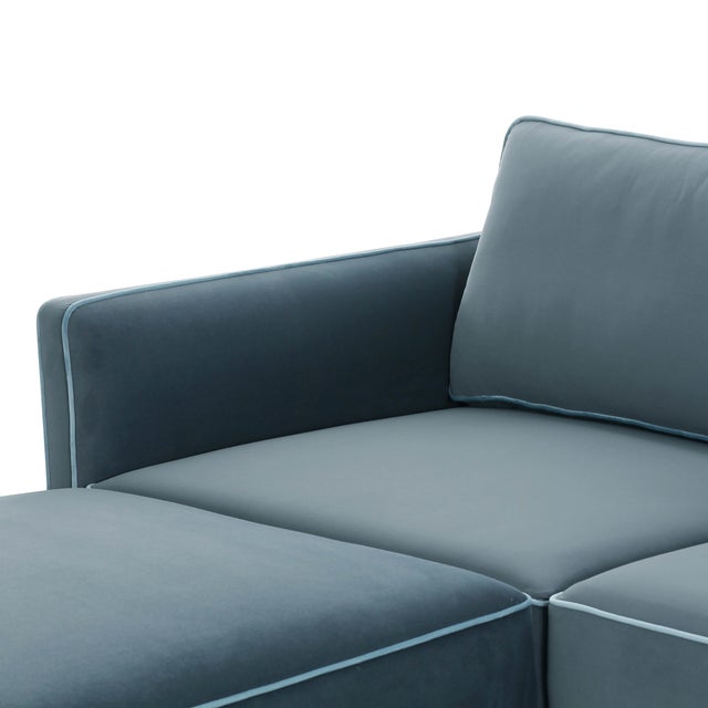 Willow Misty Blue with Pale Blue Piping Modular 5-Piece Performance Velvet LAF Sectional For Sale - Image 4 of 7