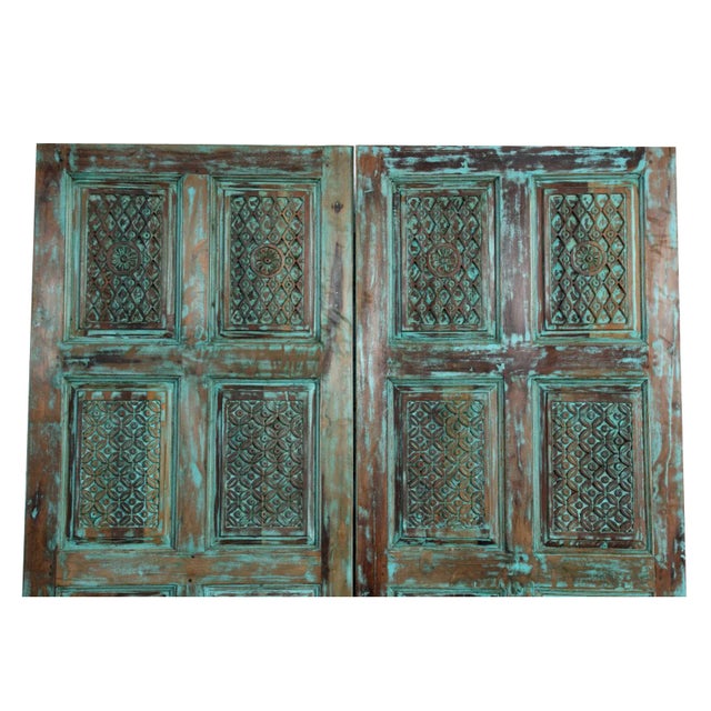 Rustic Midcentury Vintage Carved Blue Wooden Door – Hinged Entry Door or Sliding Barn Door 96x36 For Sale - Image 3 of 4