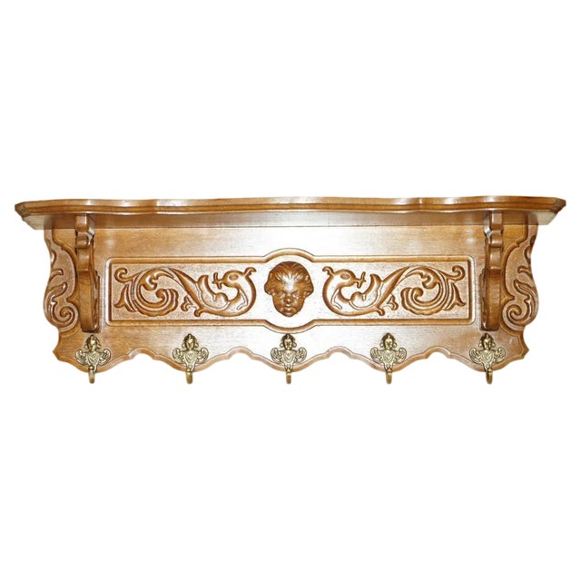 Dutch Oak Carved Cherub Wall Rack with Royal Hooks For Sale