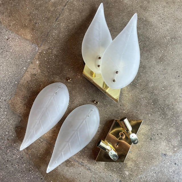 Mid-Century Modern 1950's Vintage Brass + Glass Leaf Sconces - A Pair For Sale - Image 3 of 9