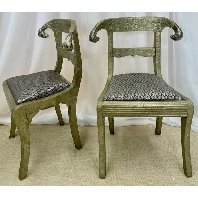 Late 19th Century Pair of Neoclassical Side Chairs, Wrapped Metal, Rams Heads, Europe Gustavian For Sale - Image 5 of 13