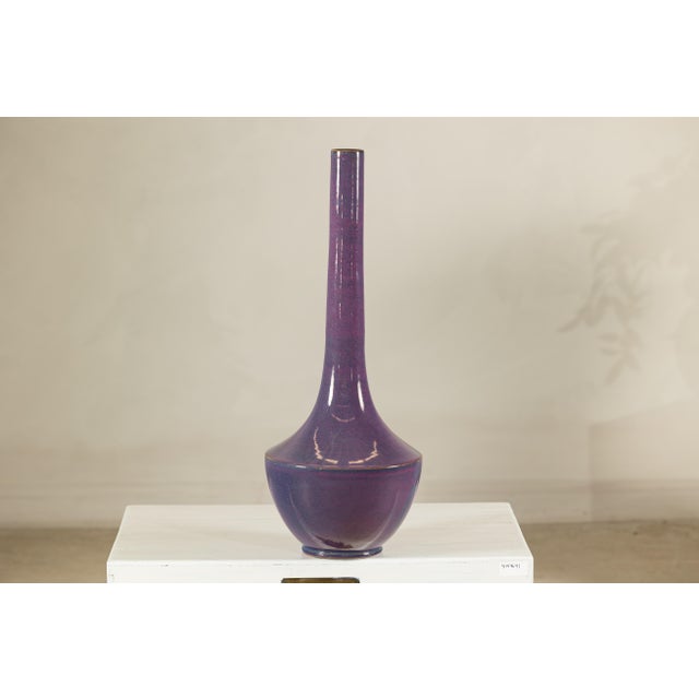 Tall Artisan Ceramic Vase with Purple Glaze and Slender Neck For Sale In New York - Image 6 of 18