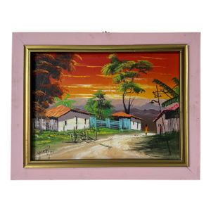 1980's Vintage Haitian Village Landscape Oil on Canvas Painting – Framed